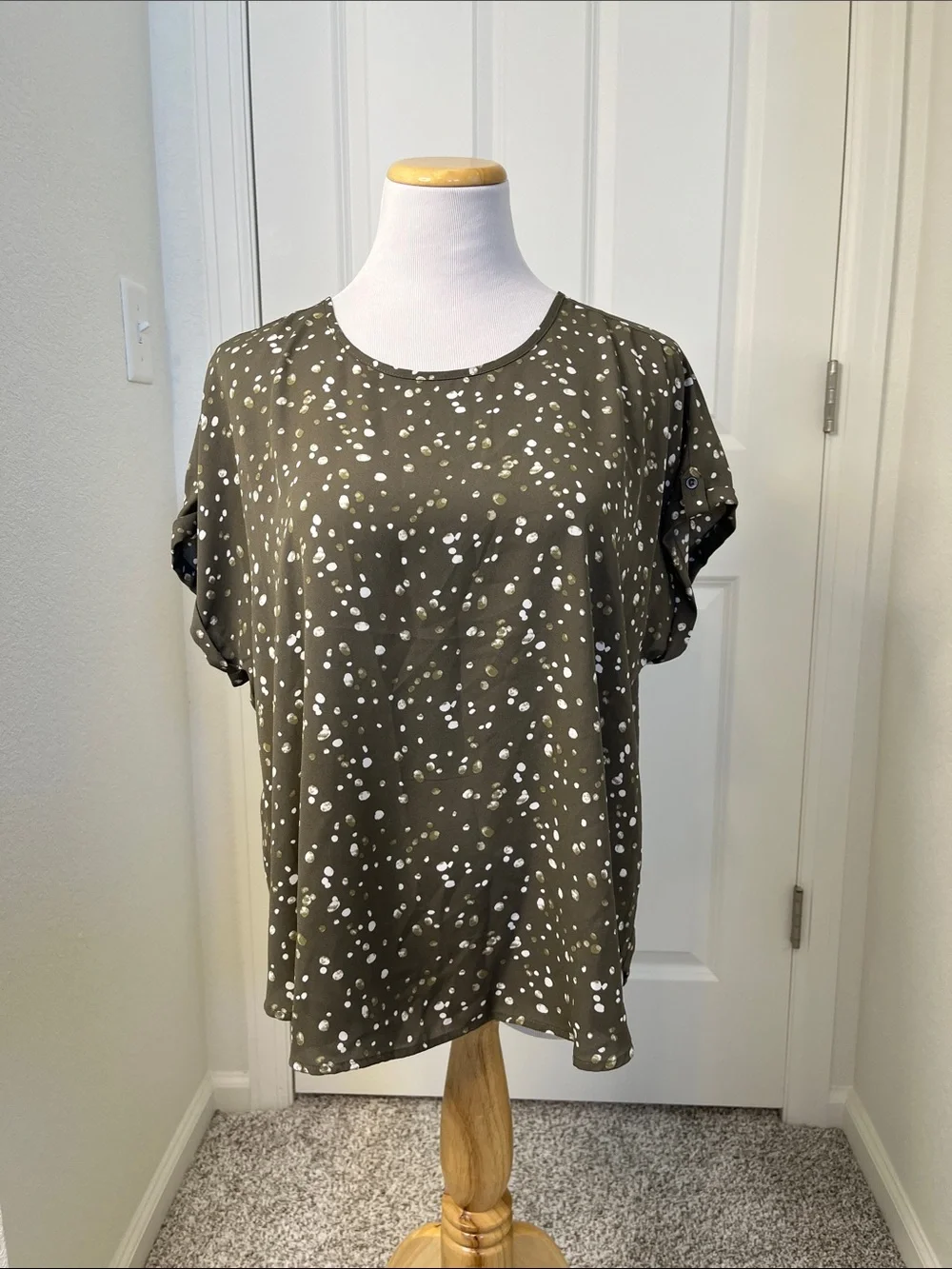 Maurices Olive Green Short Sleeve Blouse with White Dot Print - Picture 1 of 5